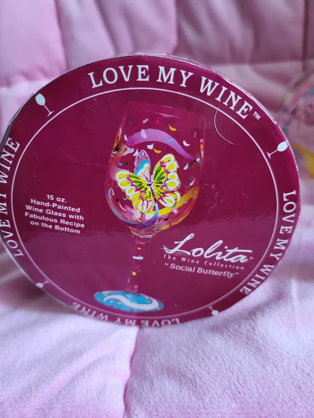 Lolita Social Butterfly Hand-Painted 15 Oz Wine Glass New with Box